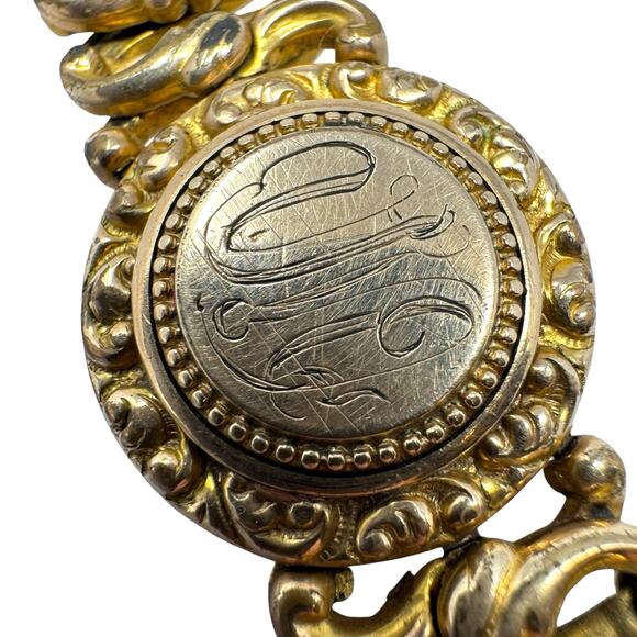 Antique 1905 Minerva Gold Filled Stretch Bracelet Engraved Monogram 27.9g Read - Picture 4 of 13